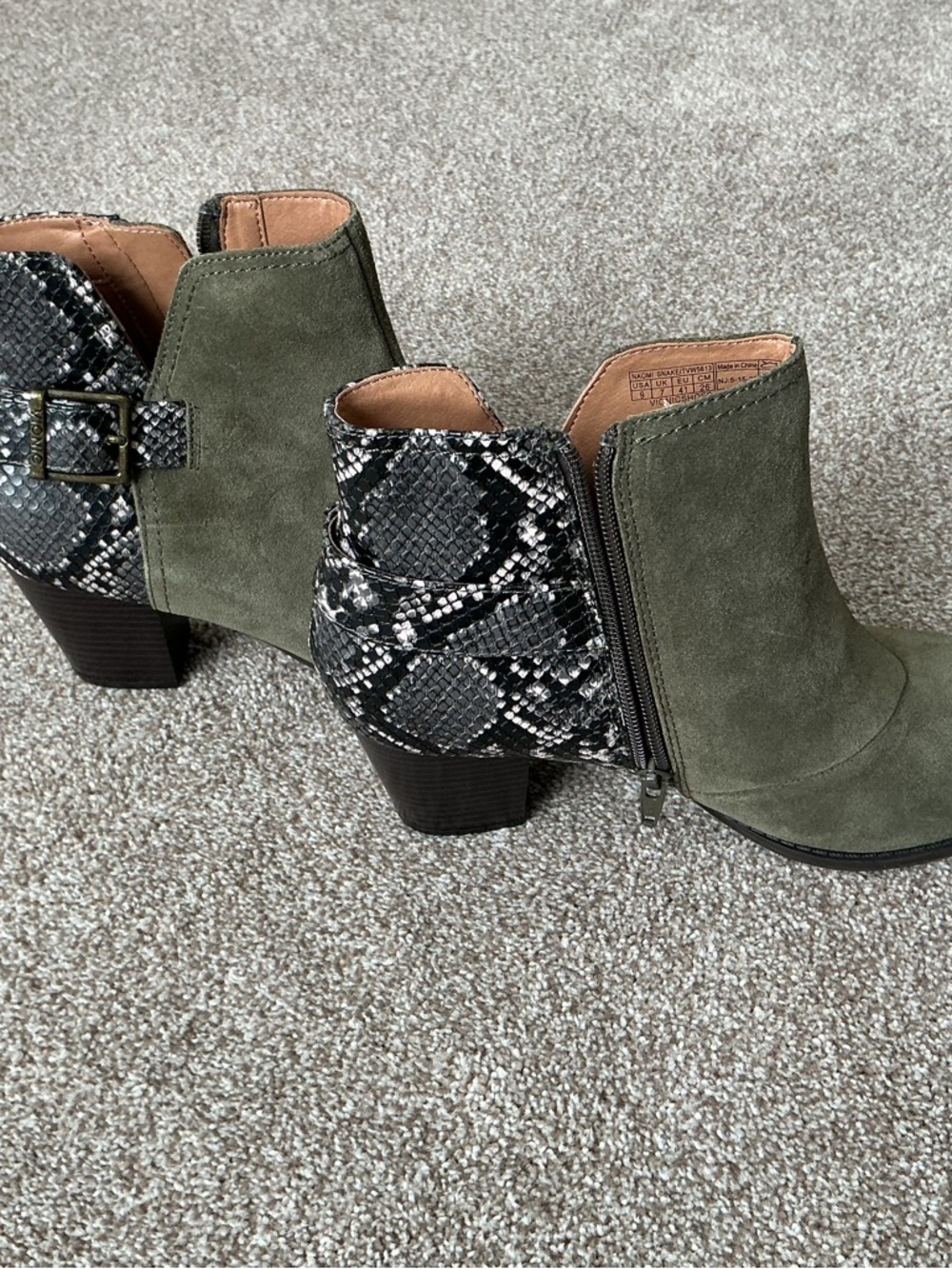 Vionic Olive Green Suede Ankle Booties with Black-White Snake Print Heel